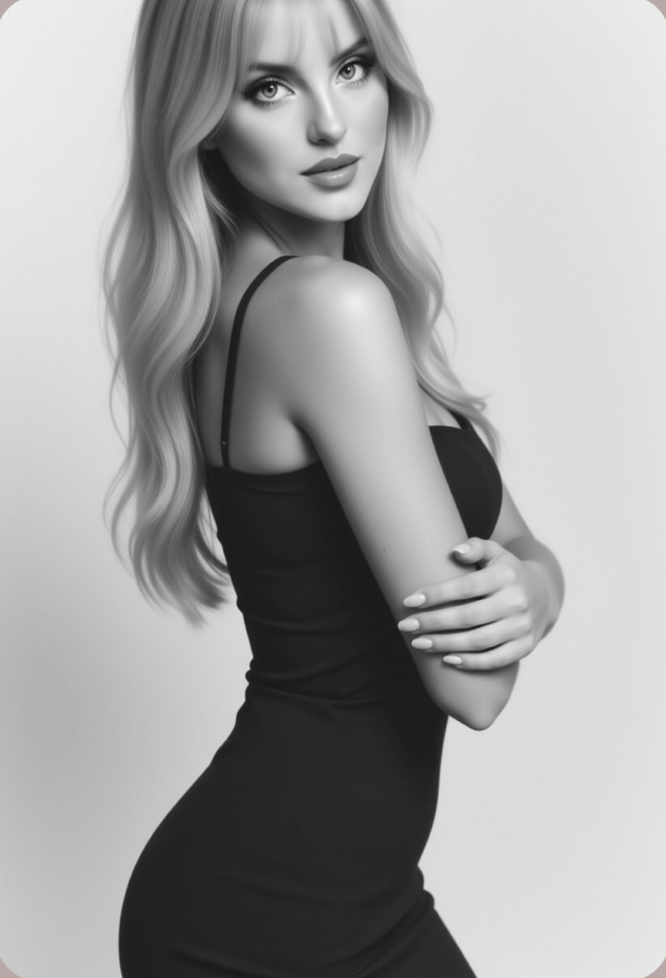 Black and white portrait of Allison Hernandez in a black dress.